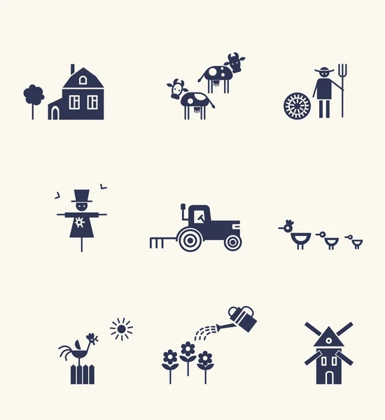 Icônes Vie Agricole Agricole Silhouettes Noires Illustration Vie Rurale — Image vectorielle