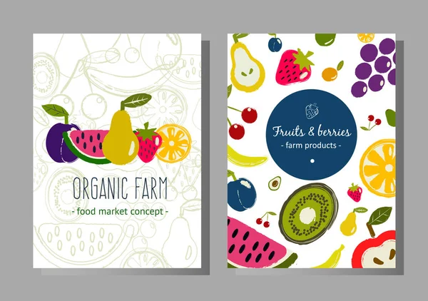 Fresh Fruits Banner Vector Concept Ecomarket Organic Farm Labels Restaurant — Stock Vector