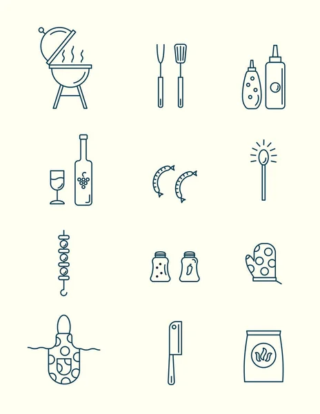 Barbeque Grill Tools Line Icons Set — Stock Vector