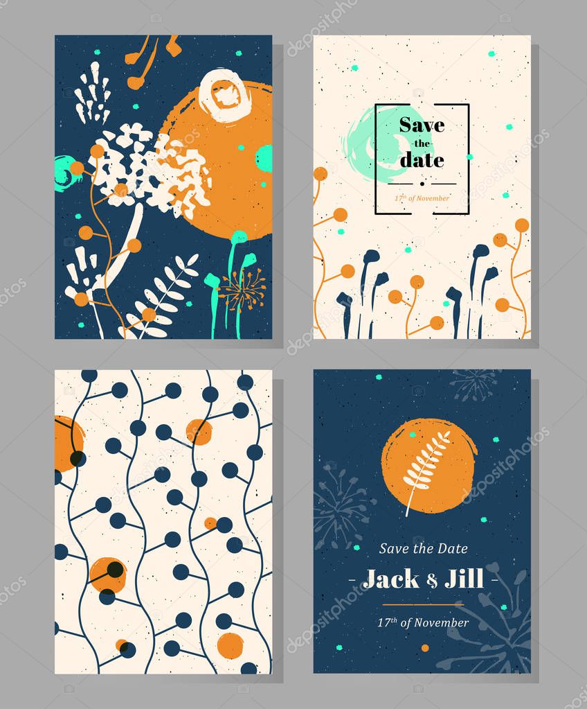 Set of universal templates with hand drawn herbs and flowers. Concept for invitations, flyers, posters, greeting cards, save the date cards, banners.