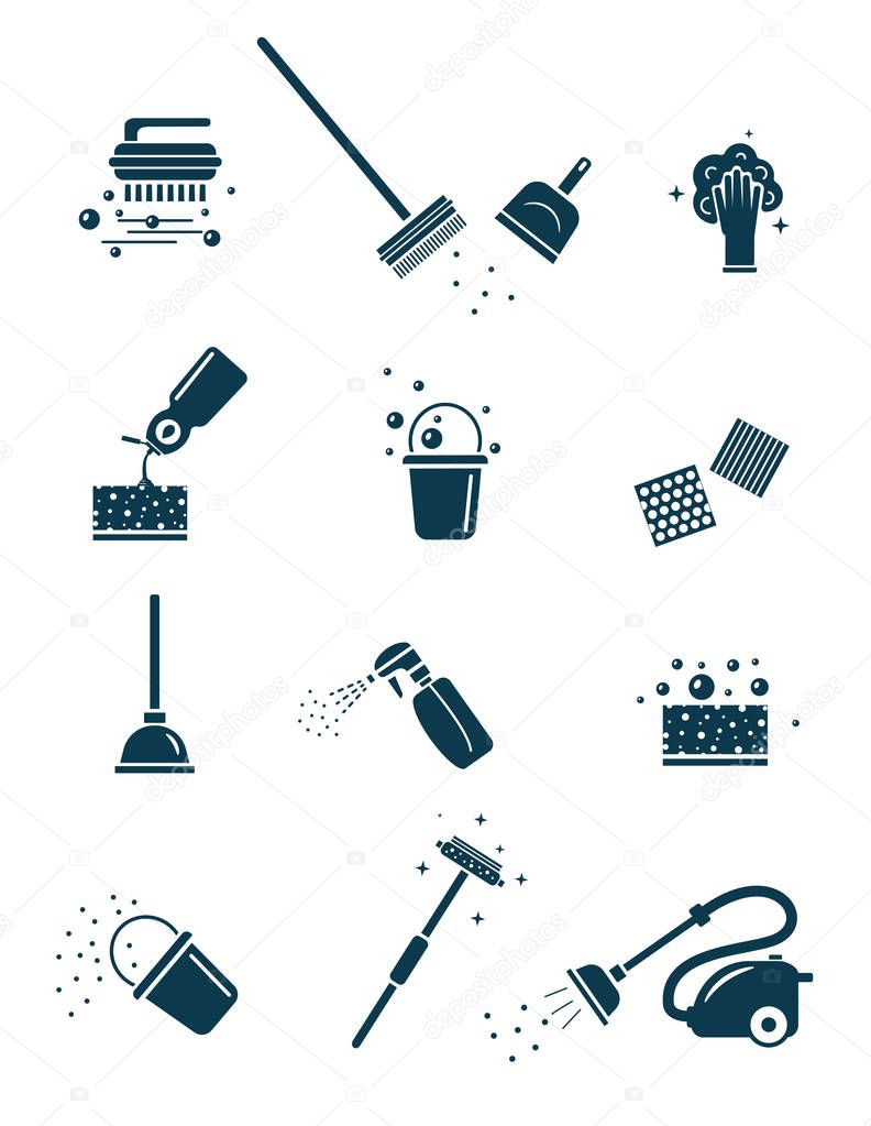 Cleaning tools. Set of silhouette icons isolated on white background.