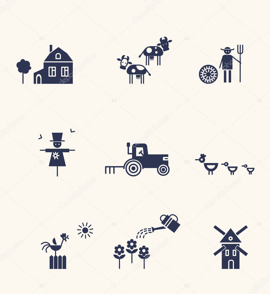 Farm and agriculture life icons. Black silhouettes. Illustration of country life.