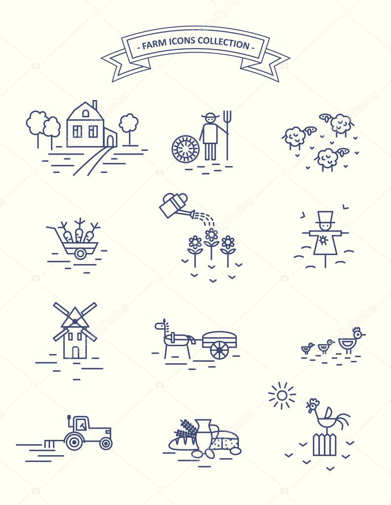 Farm and agriculture life icons set. Illustration of different farm activities.