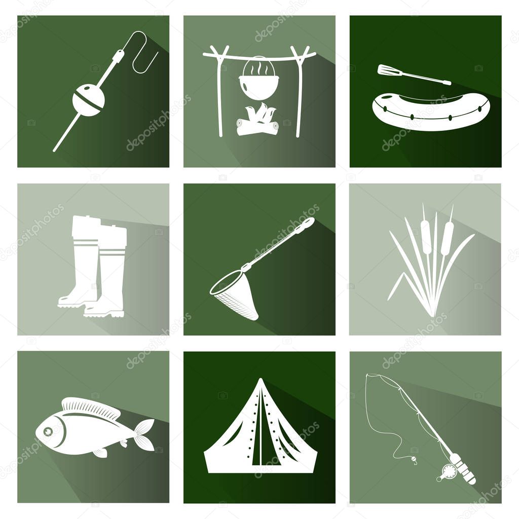 Fishing icons with long shadows. Concept for fishing market, club.
