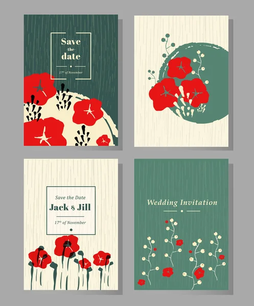 手描き抽象花とハーブとテンプレートのセットです 結婚式招待状 チラシ ポスター グリーティング カード ユニバーサル デザインのコンセプトはカードの日付を保存します — ストックベクタ
