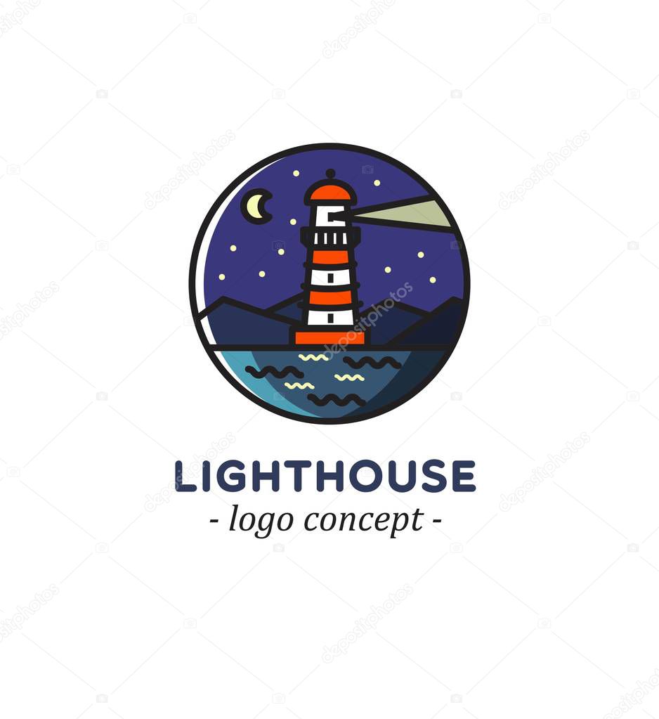 Lighthouse logo concept. Illustration of night lighthouse in circle.