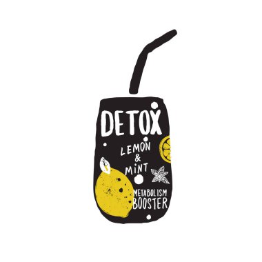 Suyu detoks. Elle çizilmiş vektör çizim yazı ile. Siyah cam limon, nane ve yazıt metabolizma booster ile silüeti.