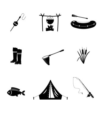 Balık tutma. Siyah siluetler beyaz arka plan üzerinde izole. Farklı balık tutma özniteliklerini gösteren resim.