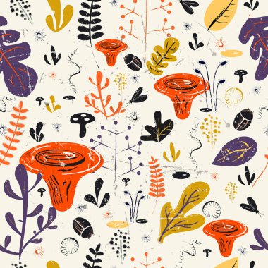 Sonbahar orman. Mantar ve otlar ile Seamless modeli. Elle çizilmiş stili