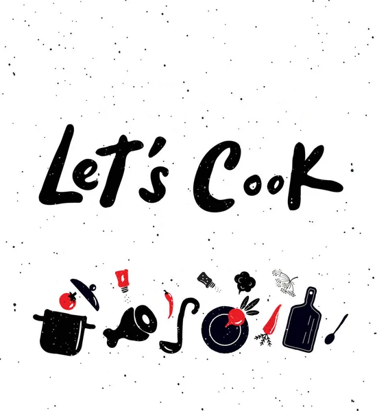 Vamos Cocinar Cartel Letras Dibujado Mano Único Con Proceso Cocción — Vector de stock