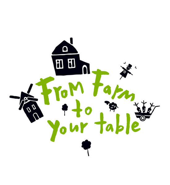 От фермы к столу. Ручной рисунок плаката с изображением фермы. Концепция дизайна экологически чистых пищевых этикеток, фермерских рынков, органических магазинов
.