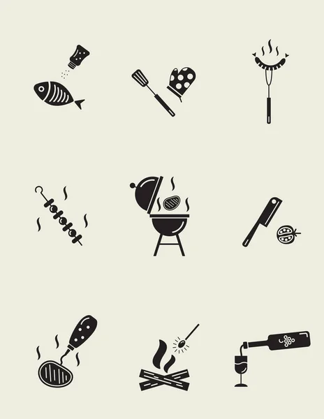 Colección Iconos Barbacoa Parrilla Ilustración Diferentes Atributos Cocción Parrilla — Vector de stock