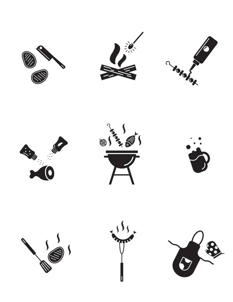 Colección Iconos Barbacoa Parrilla Ilustración Diferentes Atributos Cocción Parrilla Siluetas — Vector de stock