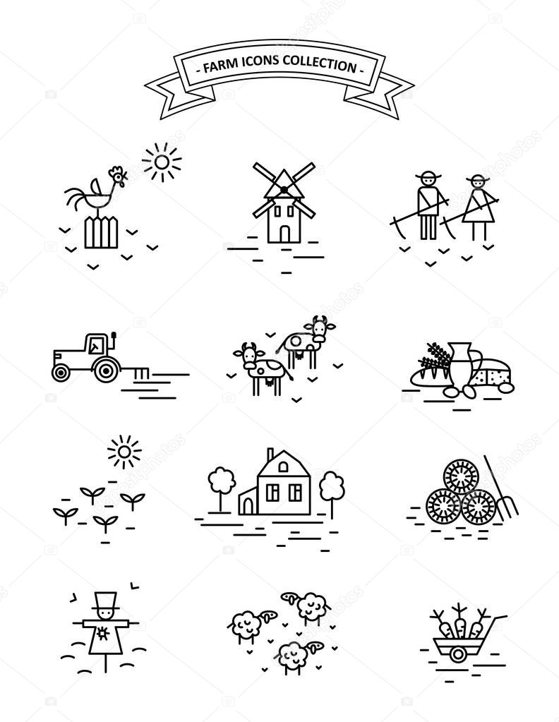 Farm and agriculture life. Line art icons set.