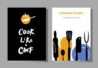 Posterler ustalık, gıda studio yemek pişirmek için kümesi. Cook seviyorum bir şef. Yazı. Çizimde süreç pişirme. 