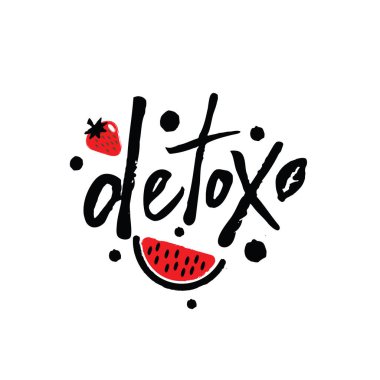 Detoks. Karpuz ve çilek çizimi ile el yazı. Kafe, restoran menü, etiketleri için tasarım.
