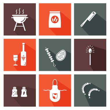 Izgara ve barbekü. Uzun gölgeler ile renkli simgeler.