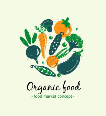 Organik gıda. Ecomarket, organik tarım etiketleri için logo kavramı. daire illüstrasyon.