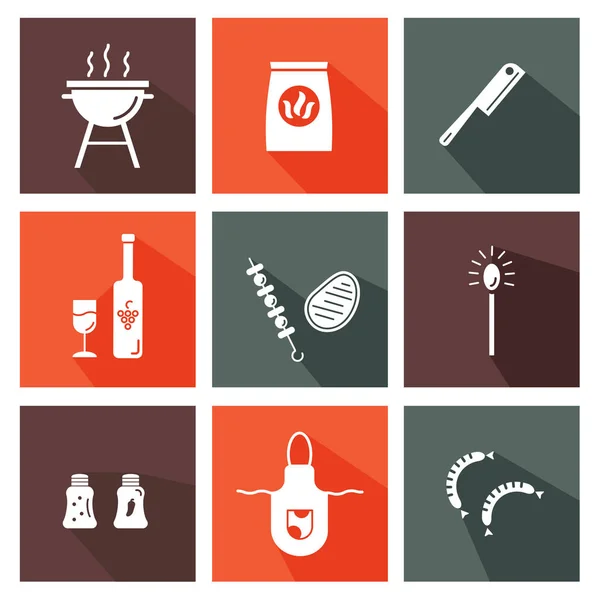 Parrilla Barbacoa Iconos Coloridos Con Largas Sombras — Vector de stock