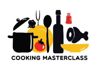 Masterclass poster yemek. Mutfak eşyaları ve gıda Illustration. Vektör tasarımı.