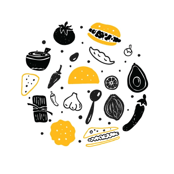 Comida Callejera Mexicana Ilustración Del Círculo Vectorial Con Elementos Dibujados — Vector de stock