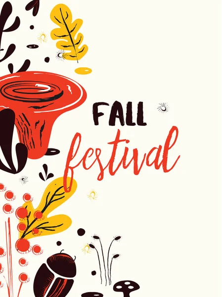 Fall Festival Poster Illustration Mushrooms Herbs Bugs Invitation Card — Stock Vector