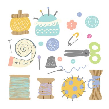 Pastel renklerle yapılan farklı dikiş araçlar kümesi. Elle çizilmiş şekil. Beyaz arka plan üzerinde izole.