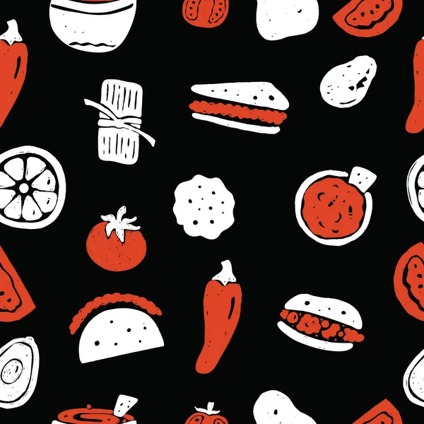 Patrón Mexicano Comida Callejera Diseño Sin Costuras Elementos Alimenticios Dibujados — Vector de stock