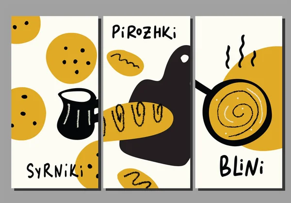 Традиційної Російської Кухні Набір Шаблонів Flyer Рука Витягнути Ілюстрація Їжі — стоковий вектор