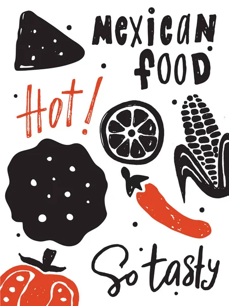 Meksykańskie Jedzenie Wektor Plakat Rysowane Ręcznie Literowanie Pomidor Tortille Pieprz — Wektor stockowy