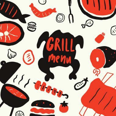 Izgara meny. Komik elle çizilmiş öğeleri ızgara, Barbekü, biftek restoran. Vektör içinde yapılan beyaz zemin üzerine izole.