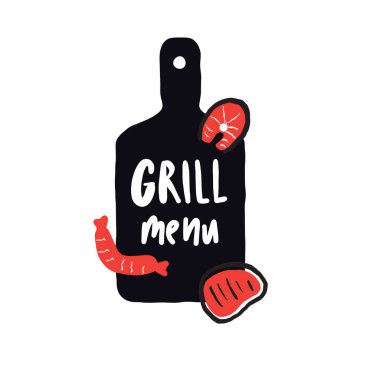 Izgara menü. Komik el çekilmiş poster kavramı. Kesme tahtası, somon, sosis, biftek Illustration. Yazı vektör tasarımı.