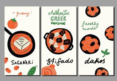 Geleneksel Yunan mutfağı. Komik elle çizilmiş el ilanı şablonları kümesi. Saganaki Yunan kızarmış peynir, stifado et yemek ve dakos ekmek ve domates salatası. Vektör içinde yapılan.