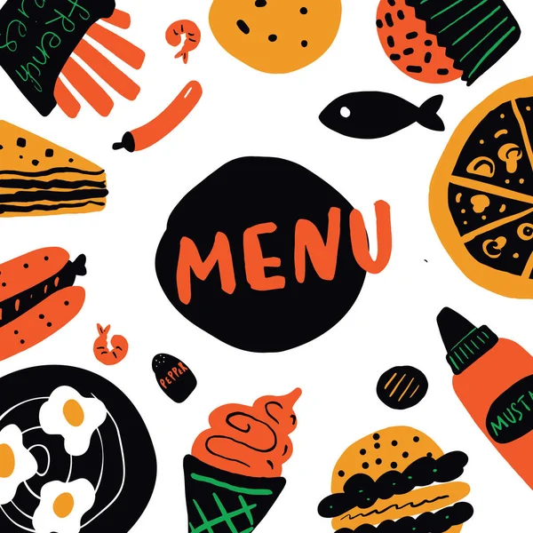 Fast Food Menüvorlage Handschriftliche Beschriftung Und Illustration Von Lebensmitteln Vektor — Stockvektor