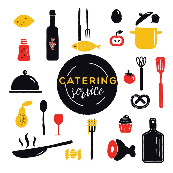 Servicio Catering Concepto Diseño Diferentes Utensilios Cocina Alimentos Ilustración Aislada — Vector de stock