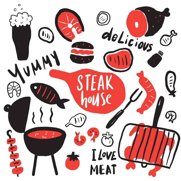 Steak house. Divertidos elementos dibujados a mano y frases sobre la comida sabrosa. Parrilla, barbacoa, restaurante de carne concepto de diseño. Aislado sobre fondo blanco, hecho en vector . — Vector de stock