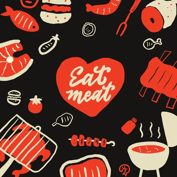 Jíst maso. Legrační rukou kreslené vektorové ilustrace různých gril potravin. — Stockový vektor
