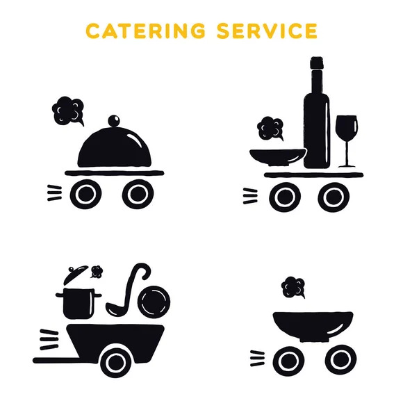 Servicio de catering. Conjunto de logotipo negro sobre fondo blanco. Ilustración de utensilios de cocina . — Vector de stock