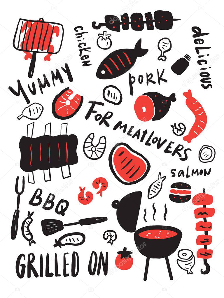 Grilled food. Hand drawn illustration of grilled meat, steak etc. Hand written lettering. Grill restaurant menu design template. Vector.
