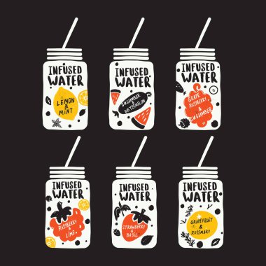 Detoks içecekler, siyah arka plan üzerine izole topluluğu. İnfüzyon su. Elle çizilmiş şekil ve yazı. Vektör.