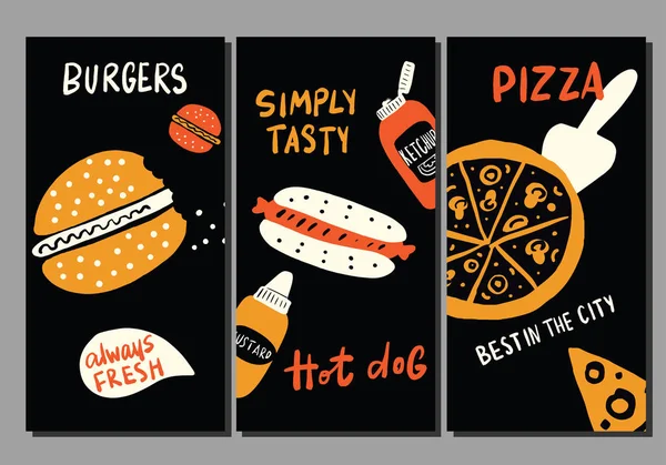 Burger Hot Dog Pizza Satz Lustiger Handgezeichneter Flyer Vorlagen Elemente — Stockvektor