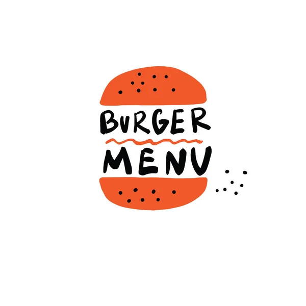 ハンバーガー メニュー 手には ハンバーガーと碑文のイラストが描かれました ベクトルのデザインは 白で隔離 — ストックベクタ