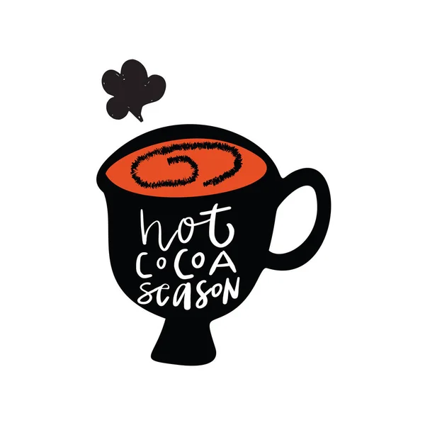 Varm Kakao Säsong Hand Bokstäver Med Illustration Cup Doodle Stil — Stock vektor