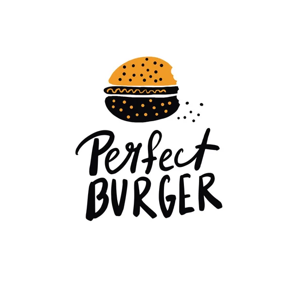Lustige Handgezeichnete Illustration Eines Gebissenen Burgers Mit Schriftzug Perfekter Burger — Stockvektor