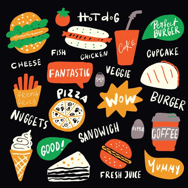 Lustige Illustration Verschiedener Fast Food Elemente Mit Handgezeichneten Schriftzügen Vektor — Stockvektor