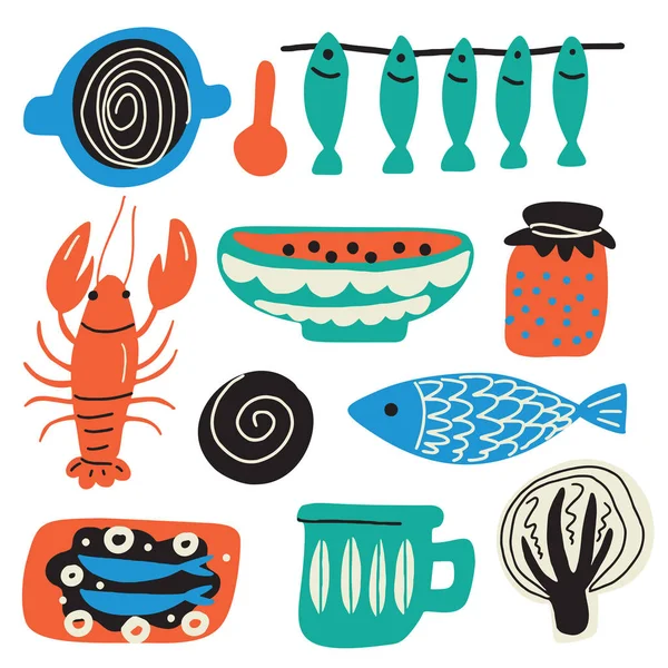 Scandinavian Food Concept Hand Drawn Illustration Made Vector Crayfish Bowl — Stock Vector