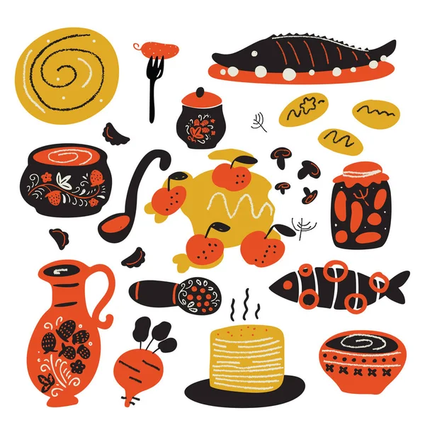 Nourriture Traditionnelle Russe Illustration Drôle Dessinée Main Avec Différents Plats — Image vectorielle