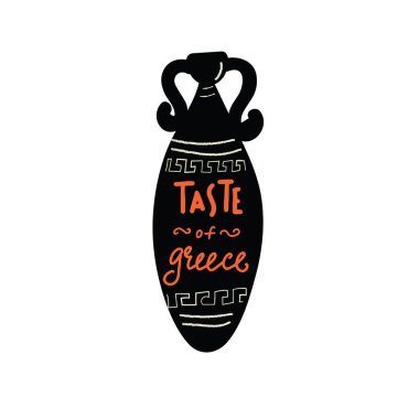 Komik el yazıt Yunanistan tat içinde yazı ile Yunan Amfora çekilmiş. Vektörde yaptı. Beyaz izole.
