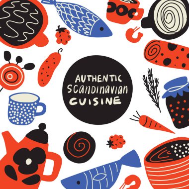 Authentical İskandinav Mutfağı. Elle çizilmiş farklı İskandinav gıda Illustration. Menü şablonu. Vektör