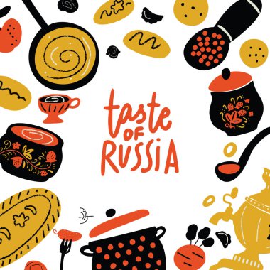 Rusya'nın tadı. Rus geleneksel gıda vektör Illustration. Menü şablonu. Beyaz arka plan üzerinde izole.